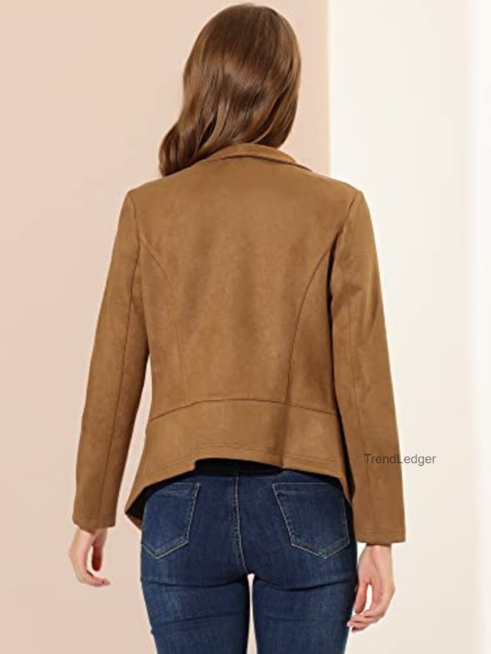 Faux Suede Draped Open Front Blazer Cardigan Jacket Long Sleeve Shawl Collar - Picture 5 of 7